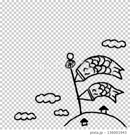 單色線條畫，描繪了一條微笑的鯉魚飄帶，手繪風格插圖，適用於兒童信件和公告。 136001943