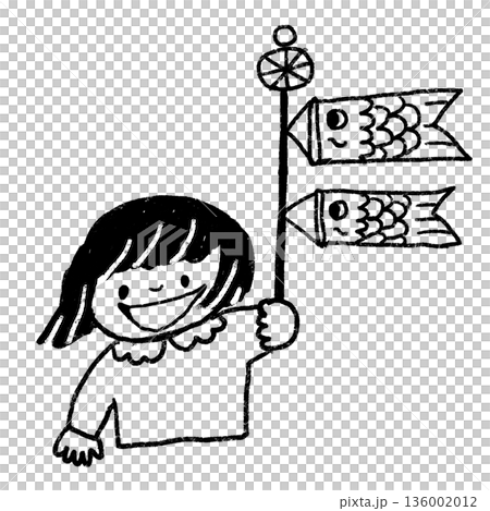 女孩手持鯉魚彩帶的單色線條畫。適用於兒童信件和公告。 136002012
