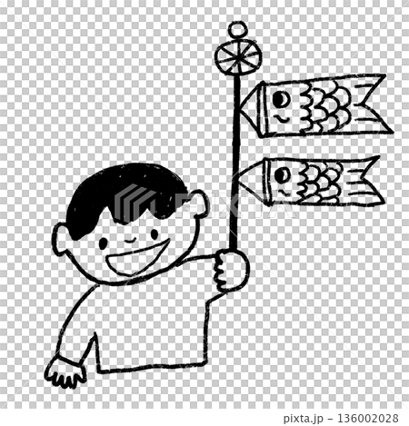 男孩手持鯉魚彩帶的單色線條畫。適用於兒童信件和公告。 男孩手持鯉魚彩帶的單色線條畫。適用於兒童信件和公告。 136002028