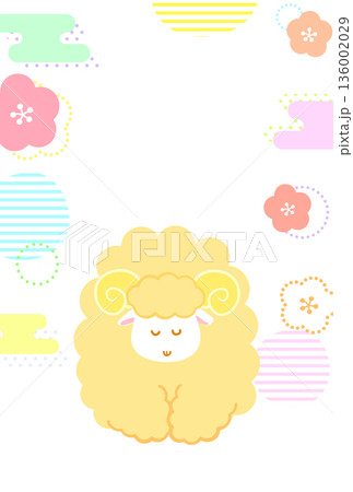 ひつじ年年賀状用のお辞儀をする羊のかわいいキャラクターイラストと和柄の縦型白背景文字なし素材 136002029