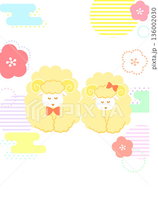 ひつじ年年賀状用のお辞儀をする2匹の羊のかわいいキャラクターイラストと和柄の縦型白背景文字なし素材 136002030