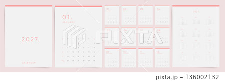2027 Calendar template design in pastel pink minimal style. Week starts on Sunday. Clean wall and desk planner. English vector monthly pages and year overview layout. 2027 Calendar template design in pastel pink minimal style. Week starts on Sunday. Clean wall and desk planner. English vector monthly pages and year overview layout. 136002132