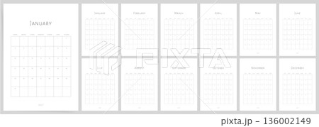 Minimal 2027 calendar template. Week starts on Sunday. Editorial style wall calendar with clean grid layout. Modern business planner. English vector monthly calendar. Minimal 2027 calendar template. Week starts on Sunday. Editorial style wall calendar with clean grid layout. Modern business planner. English vector monthly calendar. 136002149