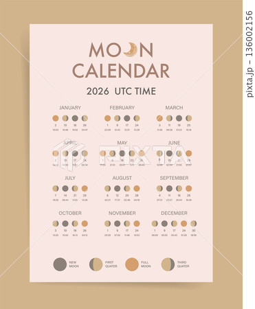 One page 2026 year moon calendar with lunar phases and UTC time. Minimal modern lunar calendar poster for astronomy science and astrology reference. Moon cycle guide 2026. One page 2026 year moon calendar with lunar phases and UTC time. Minimal modern lunar calendar poster for astronomy science and astrology reference. Moon cycle guide 2026. 136002156
