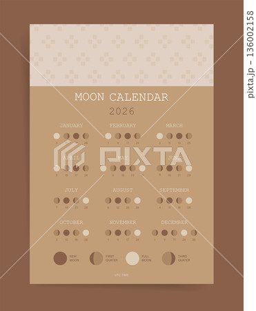 Minimal 2026 moon calendar poster in warm earthy tones. One page lunar calendar with moon phases and cycle guide for astrology and astronomy practice. 136002158