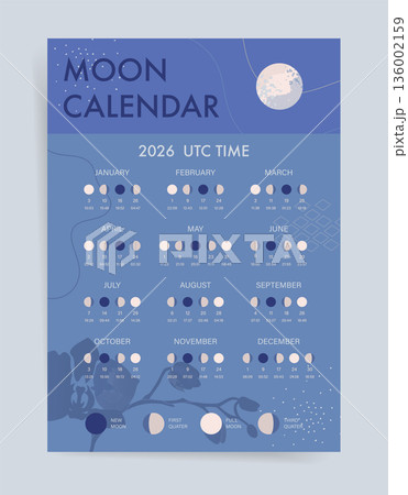 Blue 2026 moon calendar with lunar phases and UTC time. One page modern lunar calendar poster for astronomy science, astrology practice and moon cycle reference. 136002159