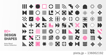 Geometric icon shapes vector set. Abstract symbols collection in minimal black and white with pink accents. Modern Asian Design Elements for branding, logo, pattern 136002192