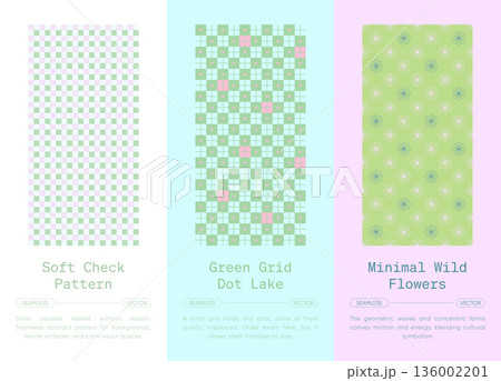 Soft check and minimal flower seamless pattern collection, pastel gingham grid with dots and daisy floral repeats for cute modern background, wallpaper, textile, wrapping Soft check and minimal flower seamless pattern collection, pastel gingham grid with dots and daisy floral repeats for cute modern background, wallpaper, textile, wrapping 136002201