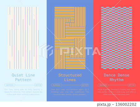 Minimal line and woven stripe seamless pattern collection, structured linear repeats and dense rhythm textures for modern abstract background, wallpaper, textile, packaging Minimal line and woven stripe seamless pattern collection, structured linear repeats and dense rhythm textures for modern abstract background, wallpaper, textile, packaging 136002202
