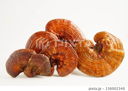 Lingzhi or Reishi mushroom with capsules, organic natural healthy food. Lingzhi or Reishi mushroom with capsules, organic natural healthy food. 136002348