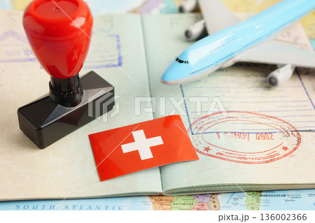 Switzerland,passport with approved stamp on document. 136002366