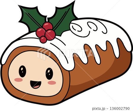 Yule Log Cake with Smiling Face Cartoon Illustration Yule Log Cake with Smiling Face Cartoon Illustration 136002790