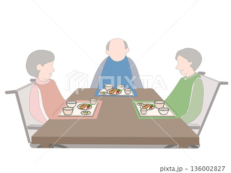 施設の老人が介護用エプロンをして食事をしようとしているカラーイラスト 136002827