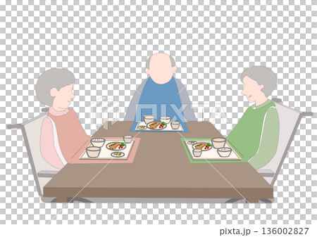 施設の老人が介護用エプロンをして食事をしようとしているカラーイラスト 136002827