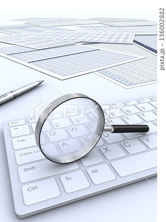 虫メガネとキーボードとビジネス書類 136002882