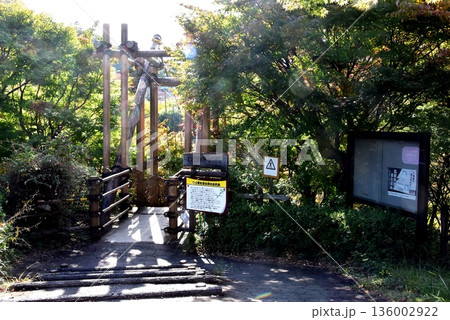 神奈川県 小田原こどもの森公園わんぱくらんどのわんぱく大橋入口と紅葉 神奈川県 小田原こどもの森公園わんぱくらんどのわんぱく大橋入口と紅葉 136002922