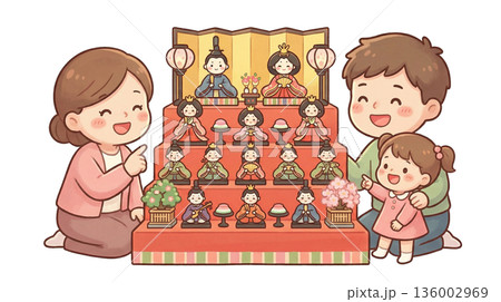 雛祭りとひな壇と仲良し家族 136002969