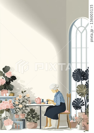 裁縫を楽しむ高齢女性|室内で過ごす穏やかなシニアライフのイラスト 裁縫を楽しむ高齢女性|室内で過ごす穏やかなシニアライフのイラスト 136003135