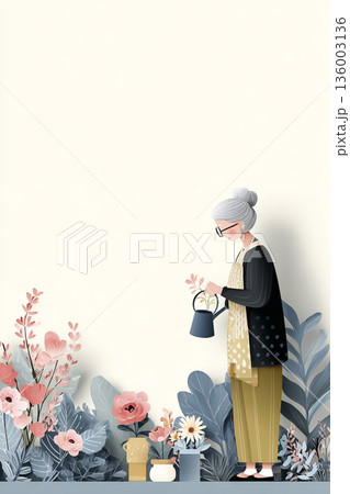 花を育てる高齢女性｜丁寧な暮らしとシニアライフの紙切り絵風イラスト 136003136