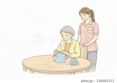 介護施設で編み物を楽しむ高齢女性 / Elderly Care Knitting 136003151