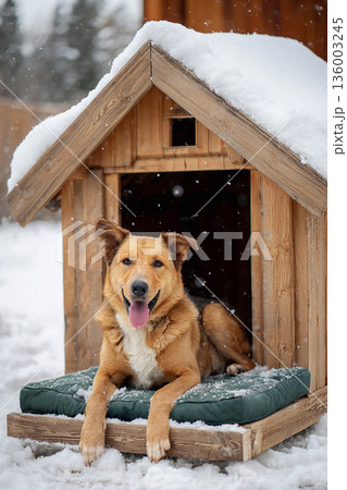 雪が積もる犬小屋から顔を出す茶色い犬 136003245