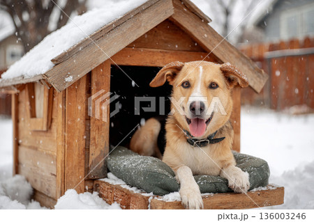 雪が積もる犬小屋から顔を出す茶色い犬 136003246