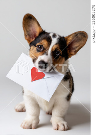 ハートの手紙をくわえるコーギーの子犬 136003279