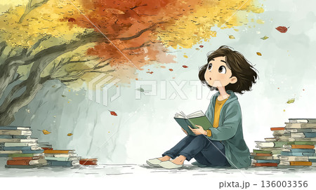 美優シリーズ：秋の森で読書する若い女性｜学びと想像力を描いたやさしいイラスト 136003356