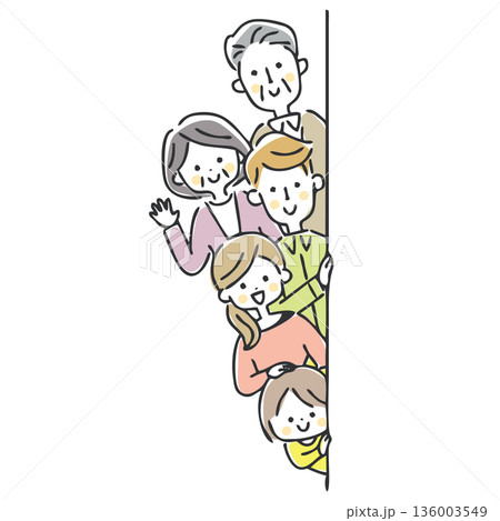 壁から笑顔で顔を出す家族 136003549