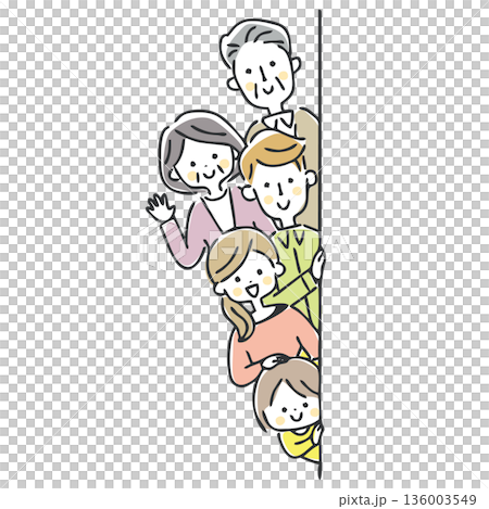 壁から笑顔で顔を出す家族 136003549