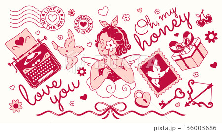 Romantic love mail. Angel, stamps, dove, typewriter, love message, hearts and decorations. Vintage vector hand drawn stickers. Limited palette, blush pink color clip art. 136003686