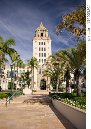 Beverly Hills City Hall in sunlight, palm trees, Los Angeles 136003804