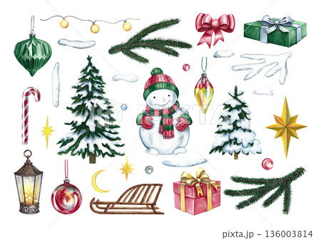Christmas set. Hand-drawn watercolor illustrations. Holiday Christmas elements. Christmas trees, snowmen and gifts, decorations, etc. For greeting cards, posters and banners, packaging, and more. 136003814