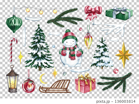 Christmas set. Hand-drawn watercolor illustrations. Holiday Christmas elements. Christmas trees, snowmen and gifts, decorations, etc. For greeting cards, posters and banners, packaging, and more. 136003814