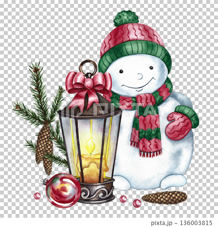 Christmas composition. A snowman with a vintage glowing lantern, a spruce branch with cones, and a Christmas ball. Hand-drawn watercolor illustration. For making postcards, posters, banners, and more. Christmas composition. A snowman with a vintage glowing lantern, a spruce branch with cones, and a Christmas ball. Hand-drawn watercolor illustration. For making postcards, posters, banners, and more. 136003815
