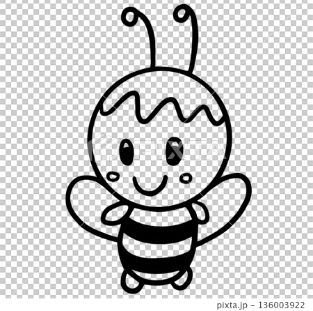 Hand drawn outline of bee cartoon for animals, insect, nature, garden, park, picnic, home yard, character, comic, mascot, plush toy, kid doll, cute patch, brooch, pin, sticker, animal, icon, plants 136003922