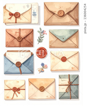 ルノルマンカード「手紙」アンティーク調のキュートな手紙モチーフ背景・水彩イラスト3 136004254