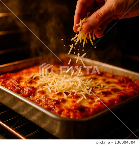 オーブンで熱々に焼き上がるグラタンへの追いチーズ 136004304