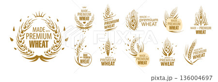 Vintageinspired wheat emblem for branding. Sophisticated circular wheat motifs with ornate details for premium bakery labels and logos 136004697