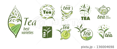 Ecofriendly green tea illustration set. Artisanal styled green tea branding symbols with watercolor textures and ecoconscious aesthetic 136004698