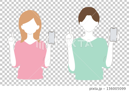 スマホを持って説明する女性 男性 スマホを持って説明する女性 男性 136005099