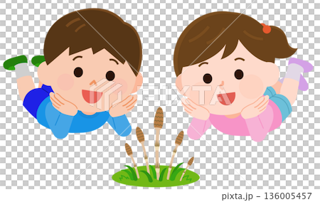 男孩和女孩躺著看著馬尾的插圖 136005457