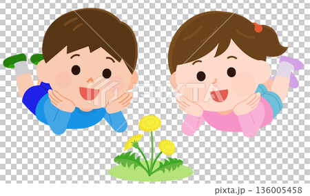 寝そべってタンポポを見る男の子と女の子　イラスト 136005458