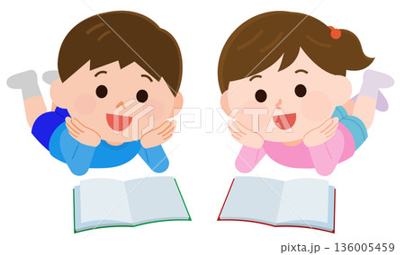 寝そべって本を読む男の子と女の子 イラスト 寝そべって本を読む男の子と女の子 イラスト 136005459