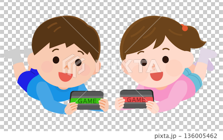 ゲーム機で遊ぶ男の子と女の子　イラスト 136005462