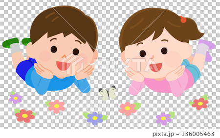 男孩和女孩躺在花田裡的插圖 男孩和女孩躺在花田裡的插圖 136005463