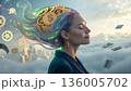 Surreal 3D Illustration of a Woman Manifesting Wealth with Currency Hair and a Holographic Gear Brain 136005702