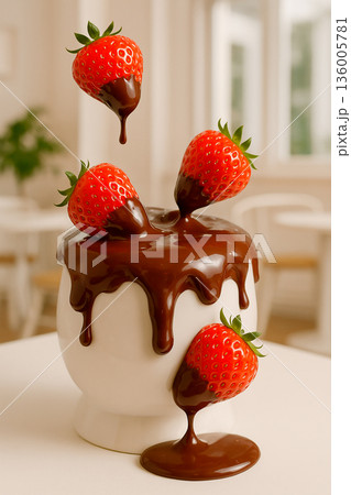 とろけるチョコレートソースにダイブする真っ赤な完熟いちご とろけるチョコレートソースにダイブする真っ赤な完熟いちご 136005781