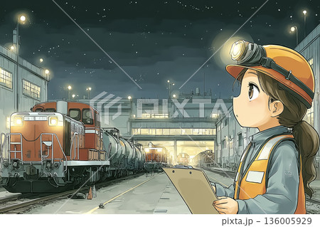 夜の操車場で貨物列車を点検する女性スタッフ｜鉄道物流・安全管理のイメージイラスト 136005929