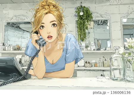 美容室で電話対応をする女性スタッフ｜受付・予約対応・接客のイラスト 136006136